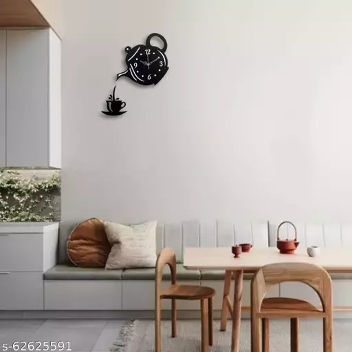 Wooden Kitchen Wall Clock with Coffee Cup and Kettle Design Stylish Home Decor