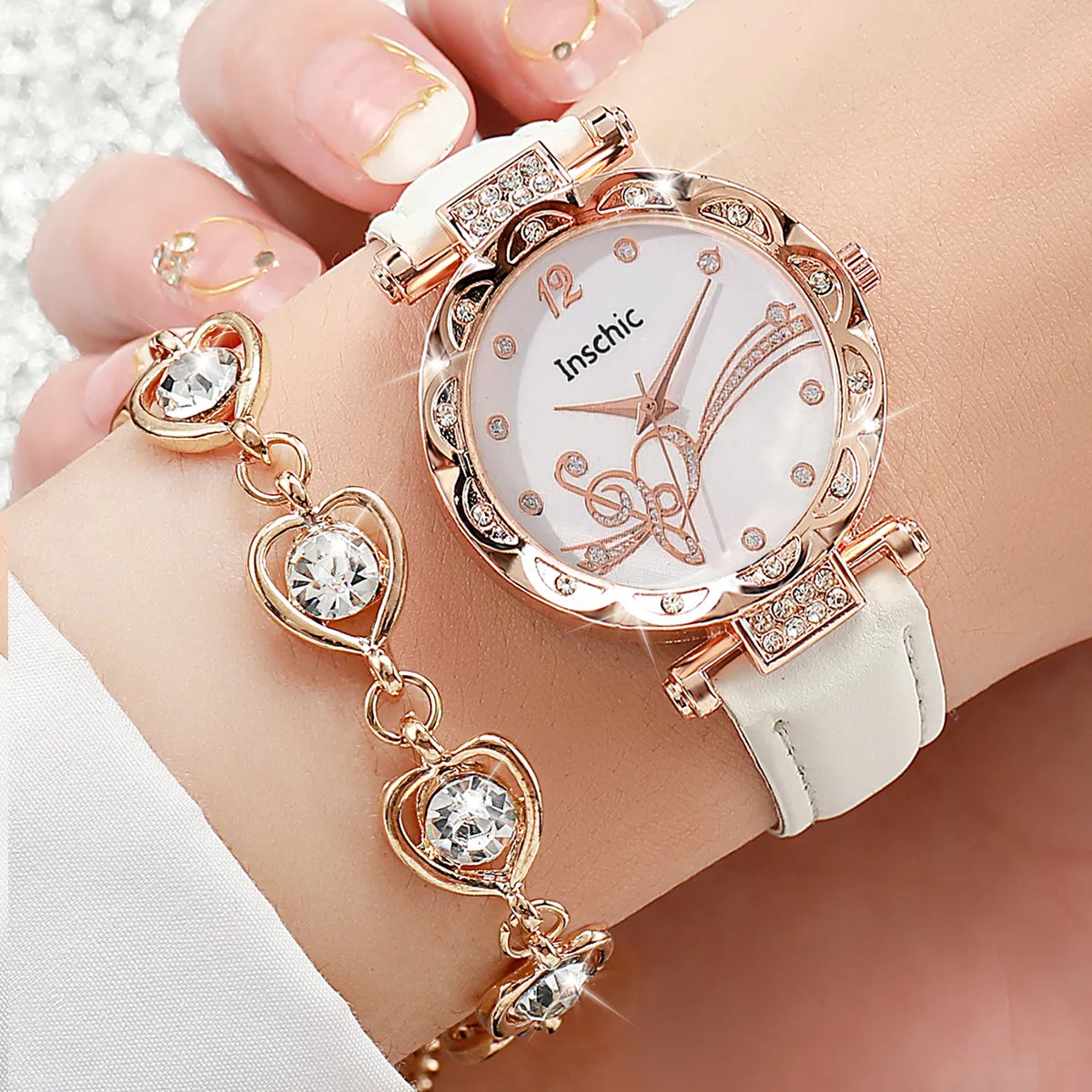 6PCS/Set Fashion Rhinestone Women's Watch Leather Band Analog Quartz Watches