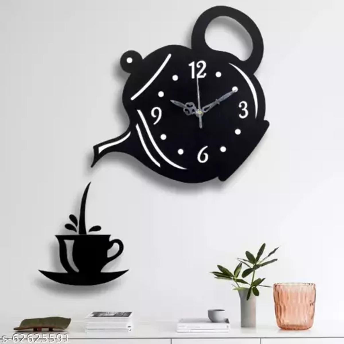 Wooden Kitchen Wall Clock with Coffee Cup and Kettle Design Stylish Home Decor