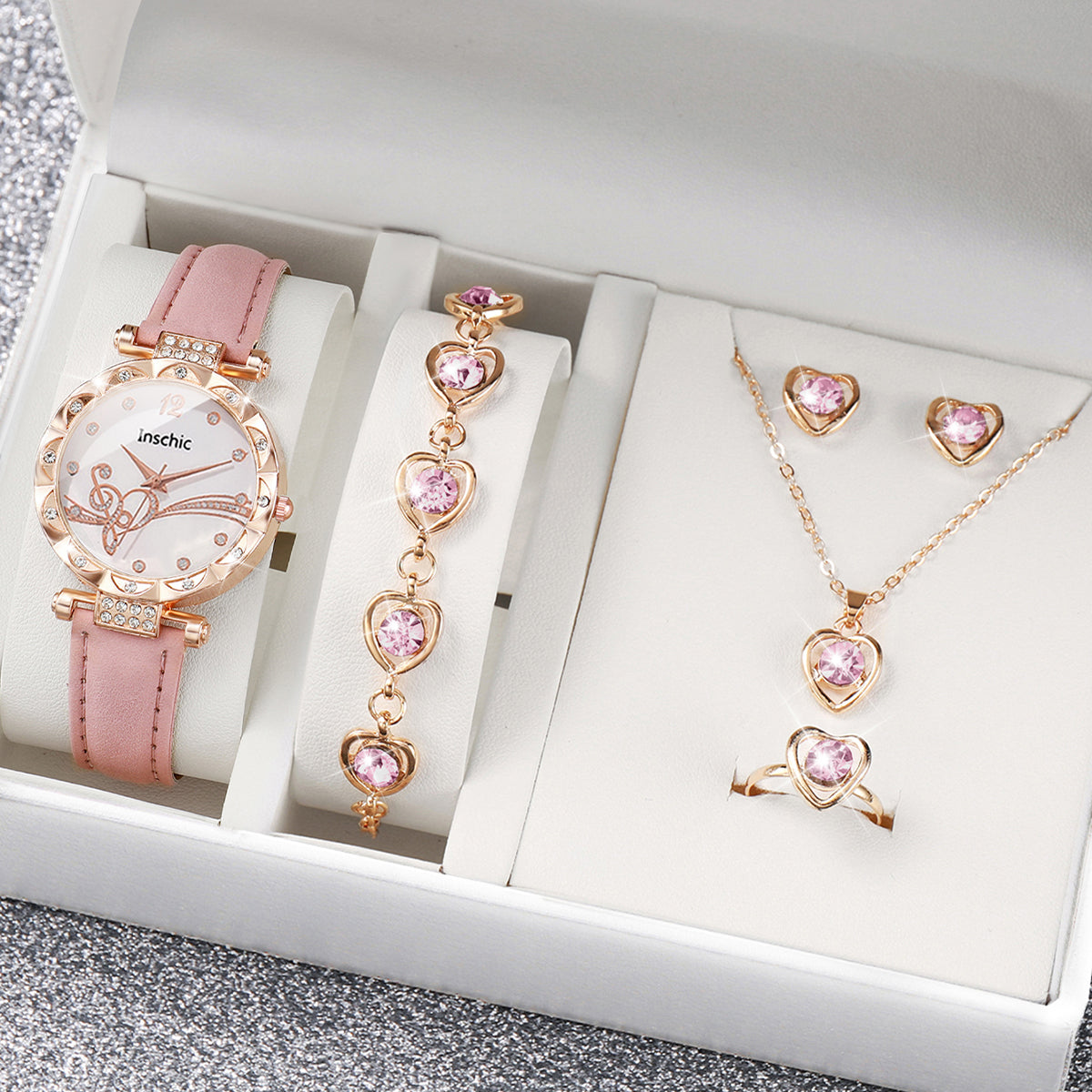 6PCS/Set Fashion Rhinestone Women's Watch Leather Band Analog Quartz Watches