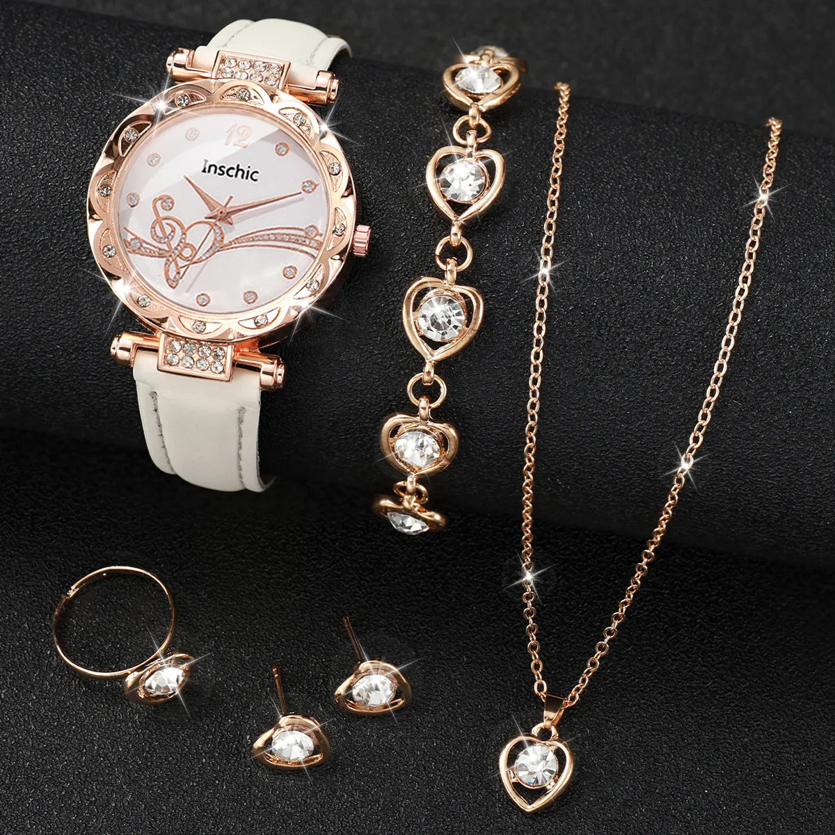 6PCS/Set Fashion Rhinestone Women's Watch Leather Band Analog Quartz Watches