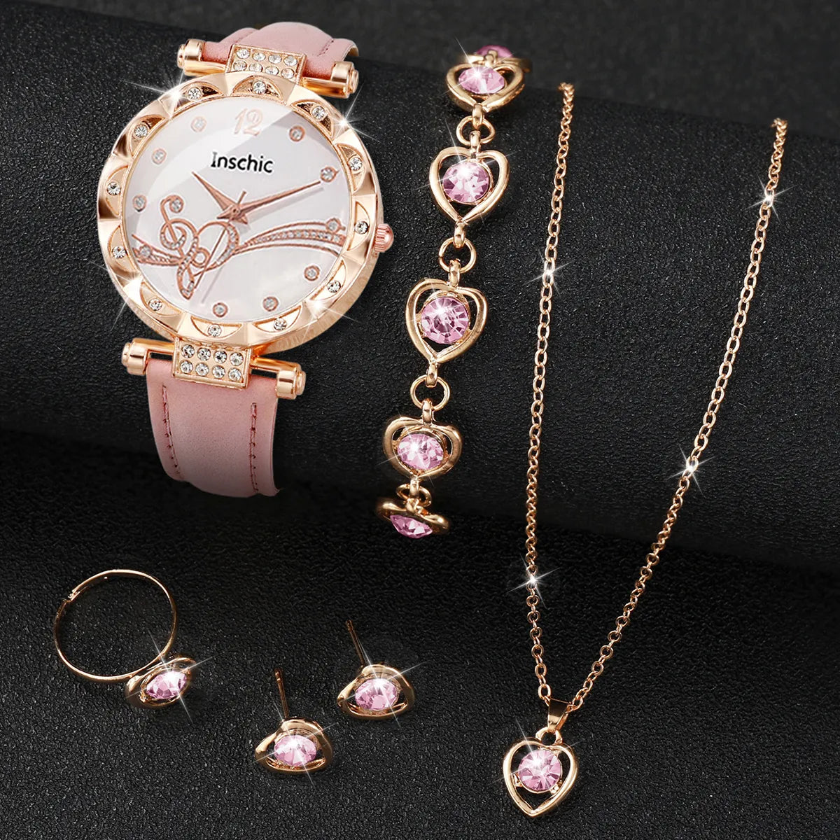 6PCS/Set Fashion Rhinestone Women's Watch Leather Band Analog Quartz Watches