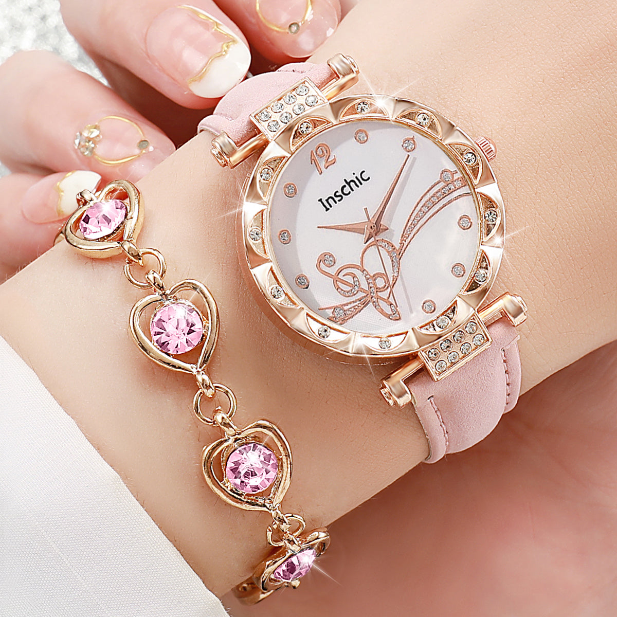 6PCS/Set Fashion Rhinestone Women's Watch Leather Band Analog Quartz Watches