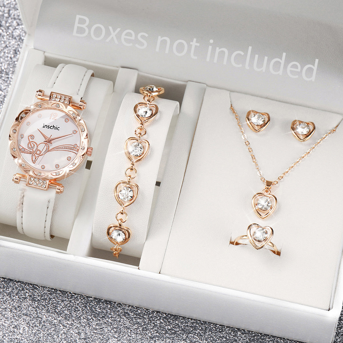 6PCS/Set Fashion Rhinestone Women's Watch Leather Band Analog Quartz Watches